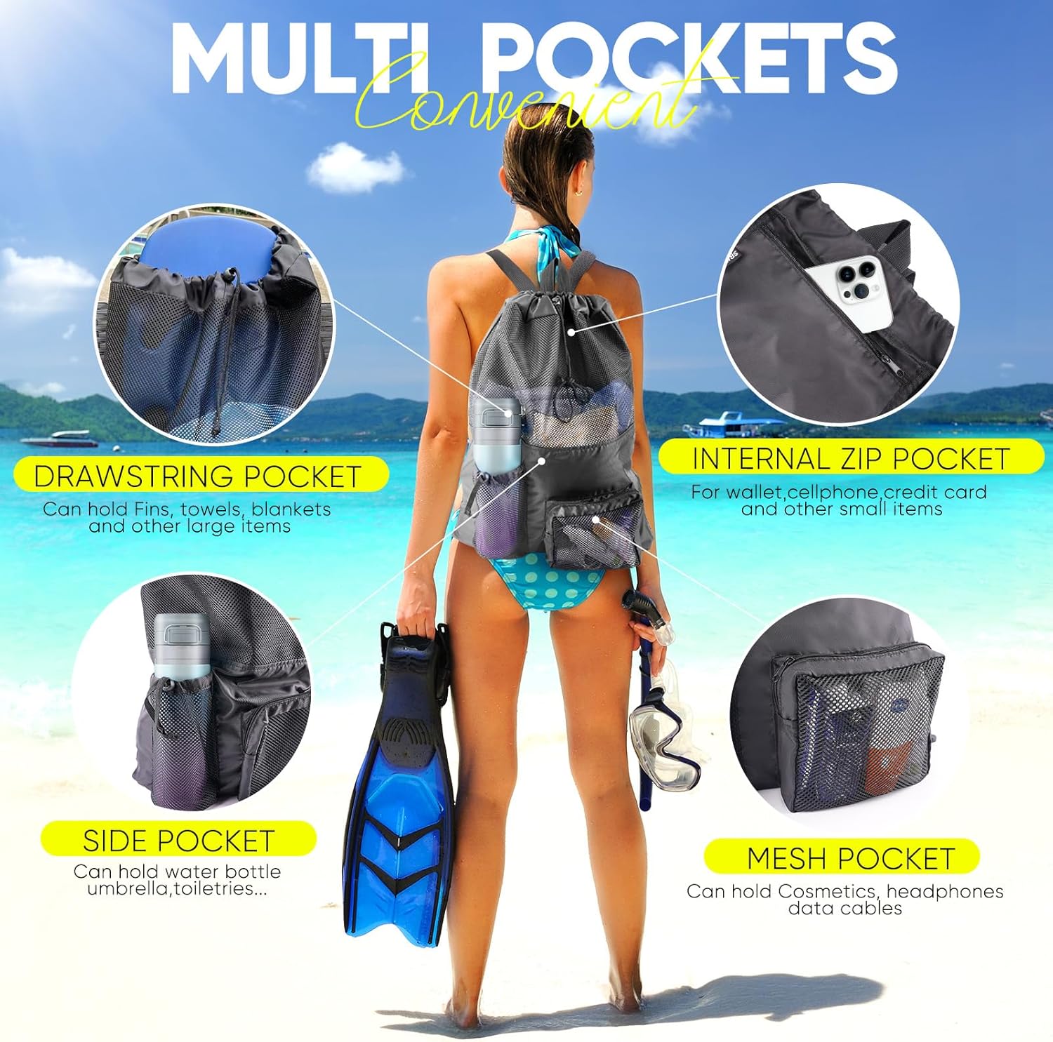 Swim Mesh Beach Bag, Waterproo - Drawstring Gym Bag recensie en prijs